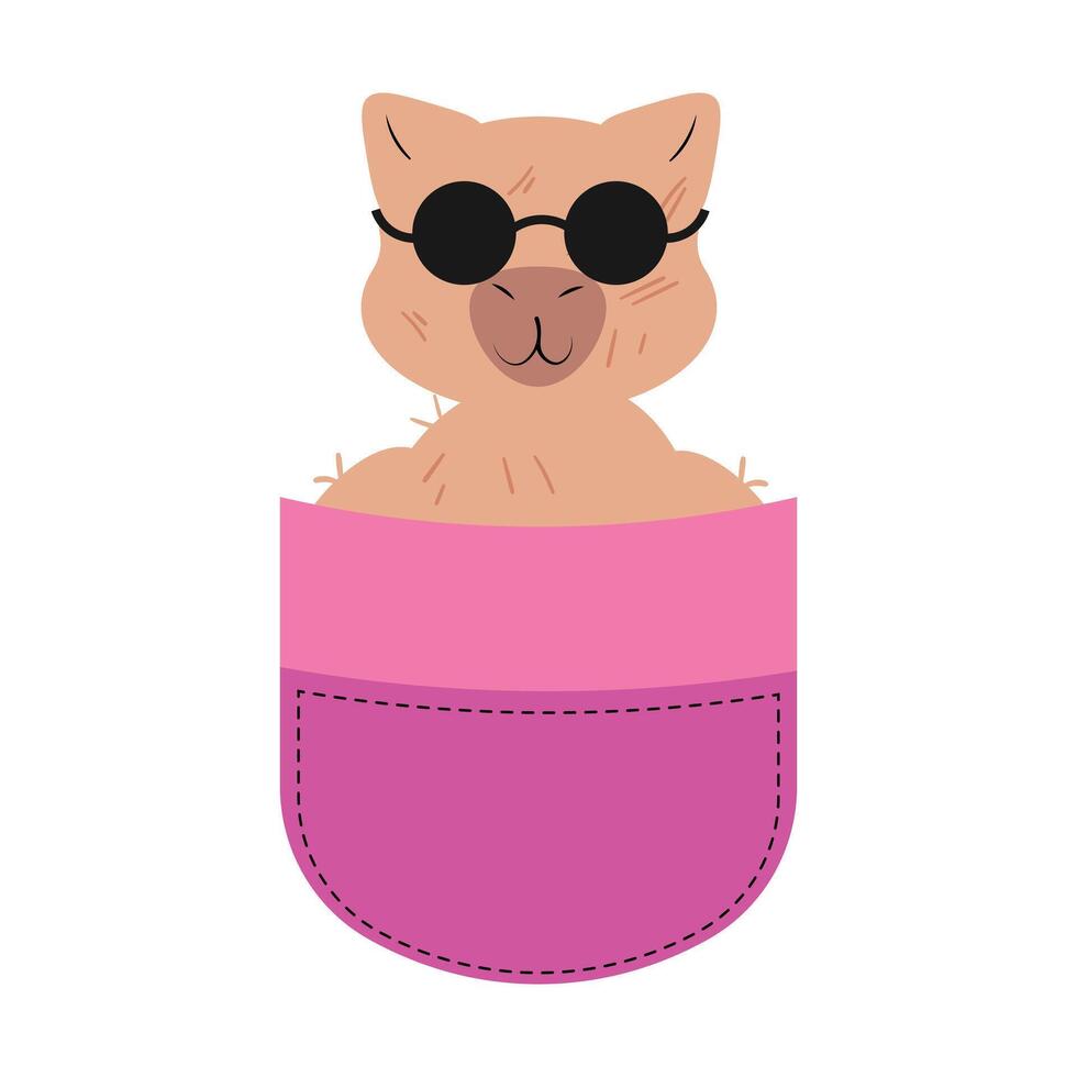 Cool capybara in pocket with sunglasses Adorable rodent in pouch with shades Sweet animal in a pocket with eyewear Cute pet enjoying summer style graphic vector