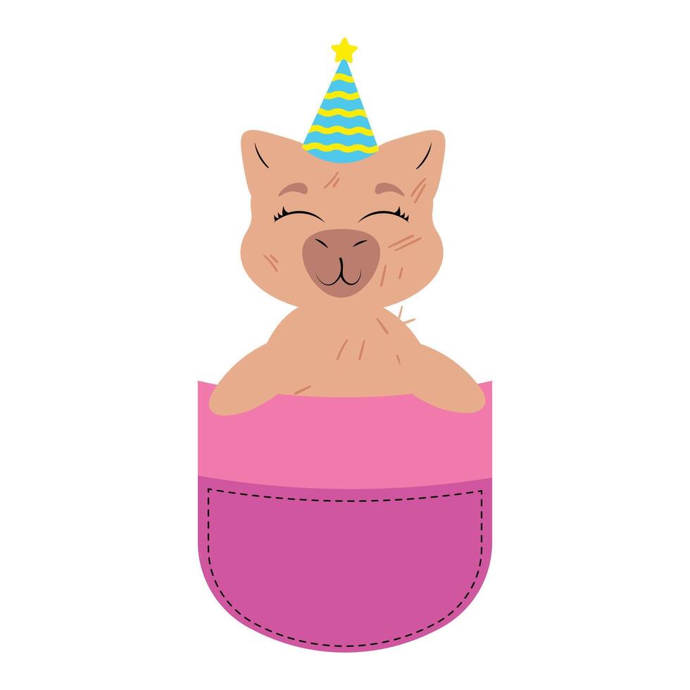 Cheerful capybara in pocket with party hat Adorable rodent celebrating in pouch with cone hat Sweet animal enjoying a festive occasion in a pocket Cute pet ready for fun graphic vector