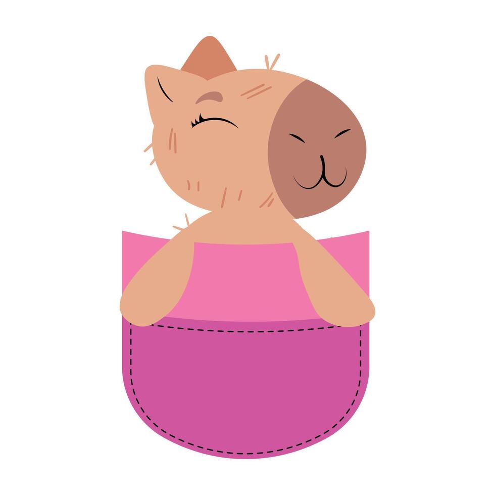 Relaxed capybara in pocket with closed eyes Adorable rodent in pouch taking a nap Sweet animal resting peacefully in a pocket Cute pet enjoying a moment of calm graphic vector