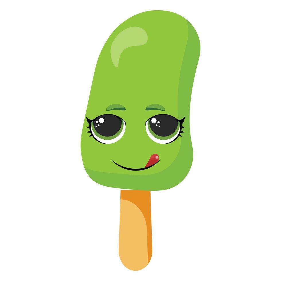 Silly green ice cream character with tongue out Playful frozen treat illustration Funny summer dessert graphic with goofy expression Adorable green snack with winking eyes vector
