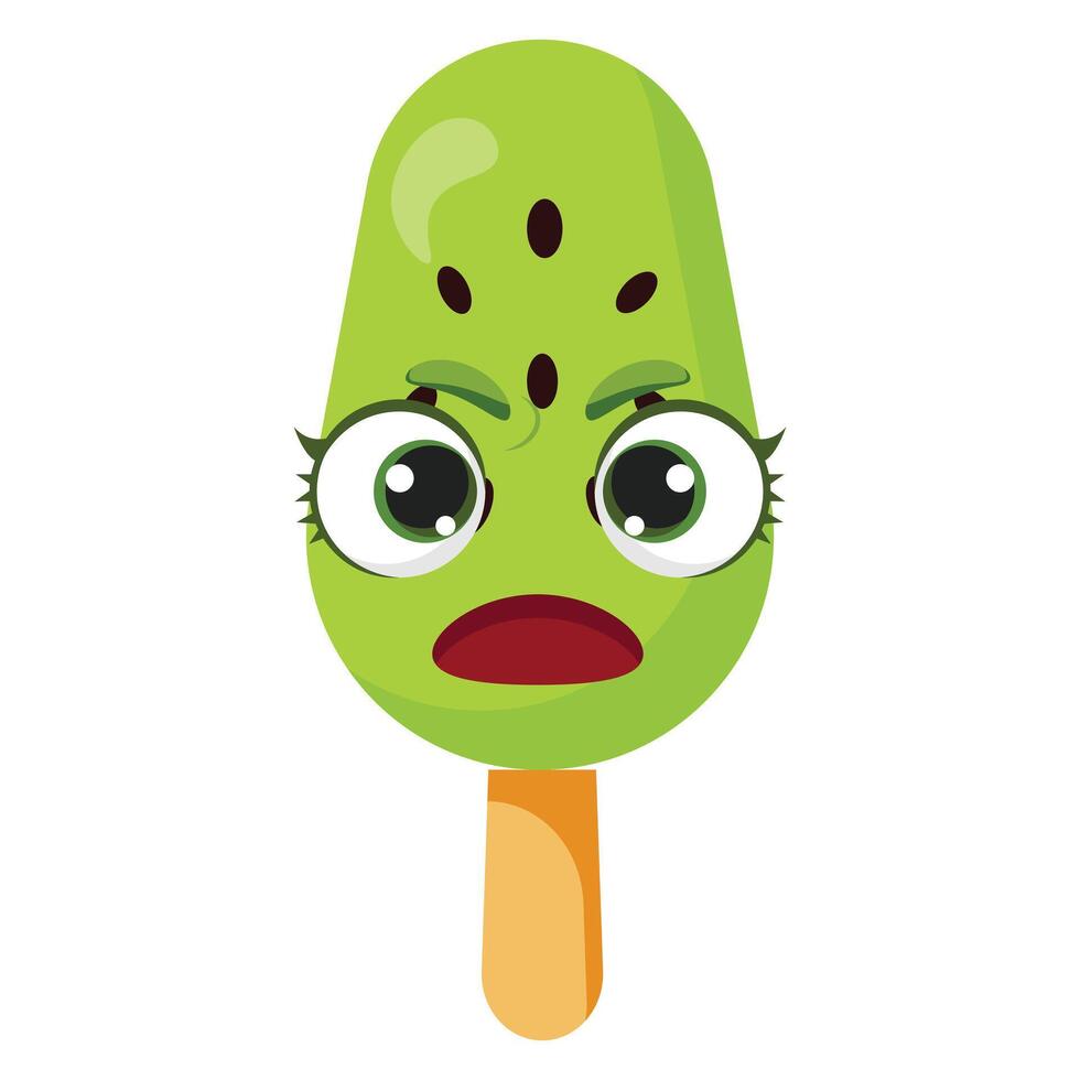 Angry kiwi flavored green ice cream character Irritated fruit dessert illustration Funny summer snack graphic with furrowed brows Adorable green treat with shouting mouth vector