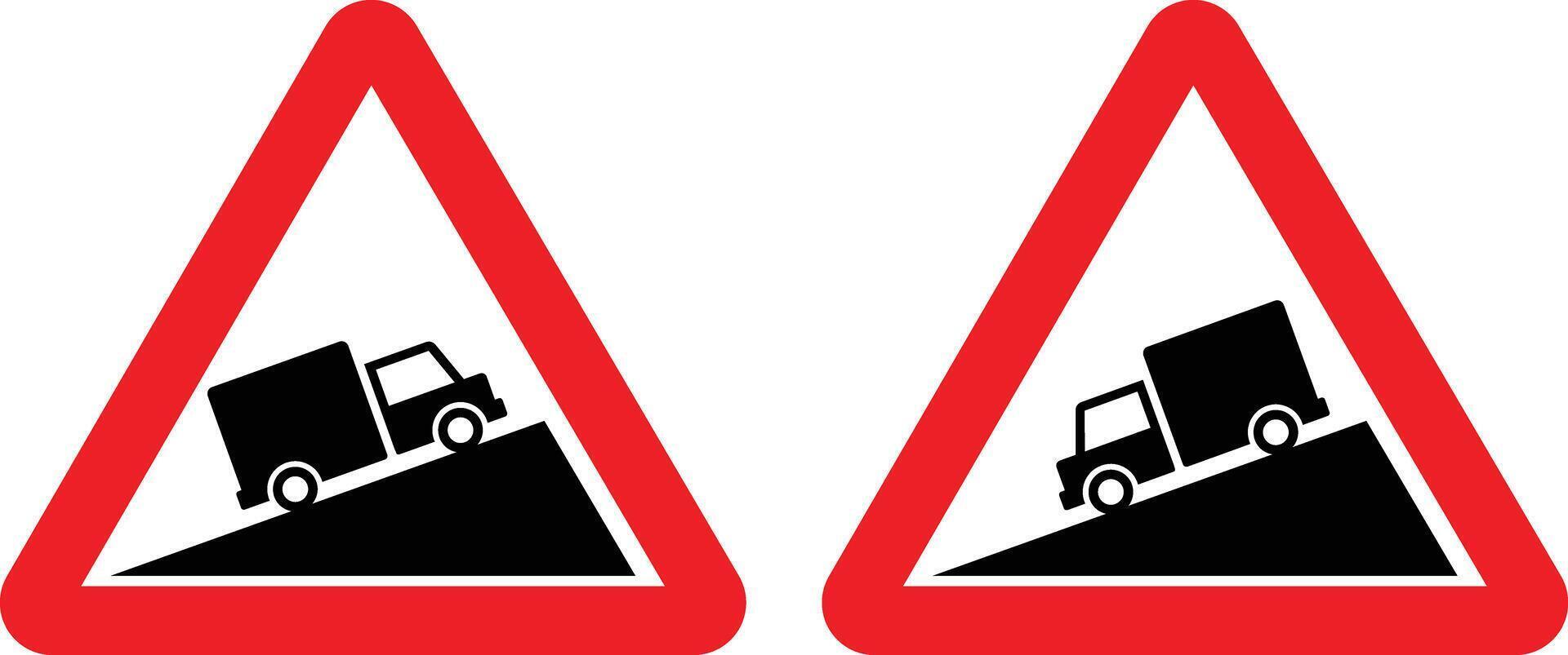 Steep Ascent and Steep Descent warning road sign set. of danger hill caution traffic sign. isolated on white background. two signs showing trucks on a hill vector