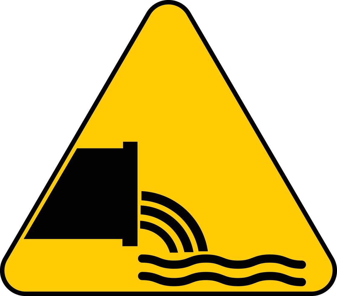 Sewage effluent outfall sign, Flow of discharged water yellow triangle warning sign with a black and white image of a water pipe vector