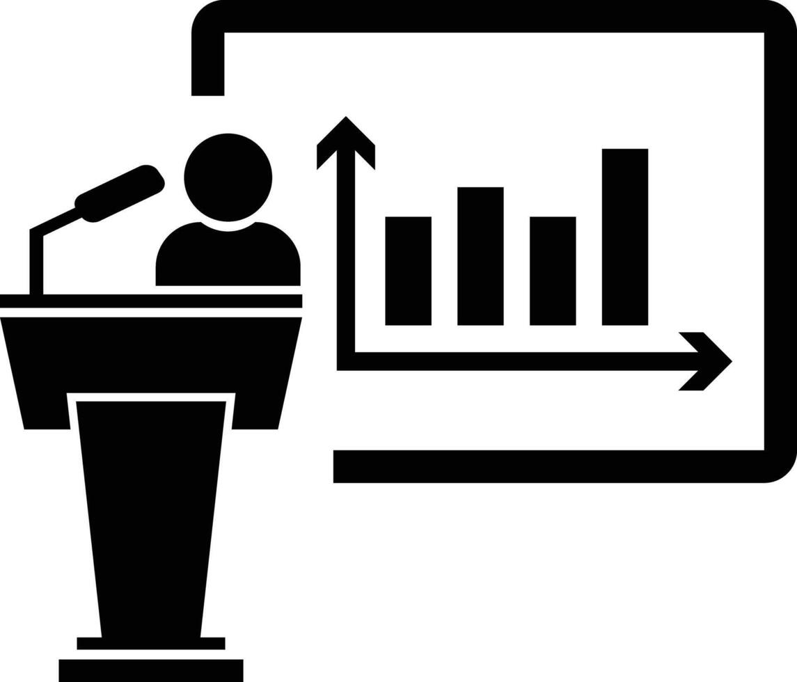 presentation icon. speaker at podium with graph on screen, black and white. Training icon vector