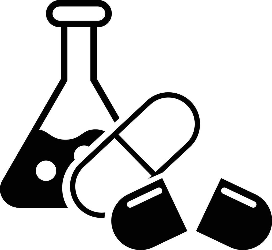Pharmacological research icon. Medical. isolated on white background. black and white image of a laboratory flask and pills vector