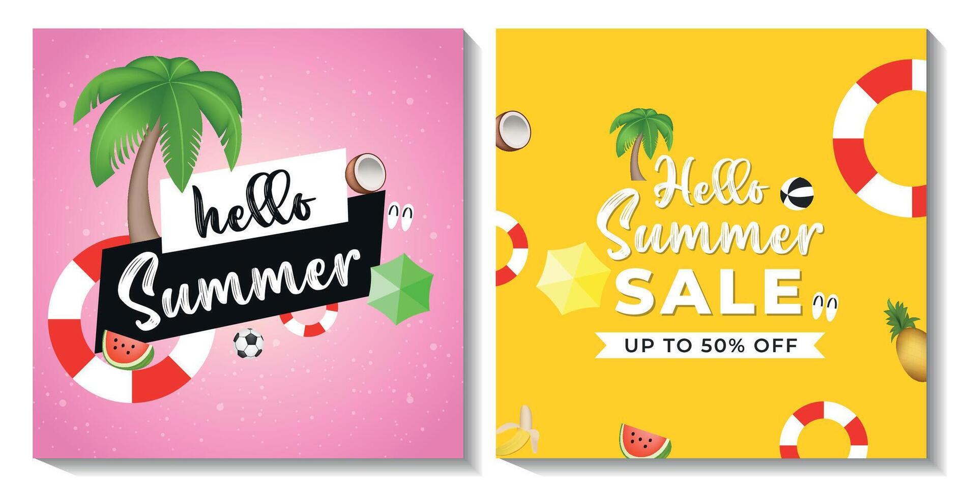 Pink and yellow color hello summer post template vector