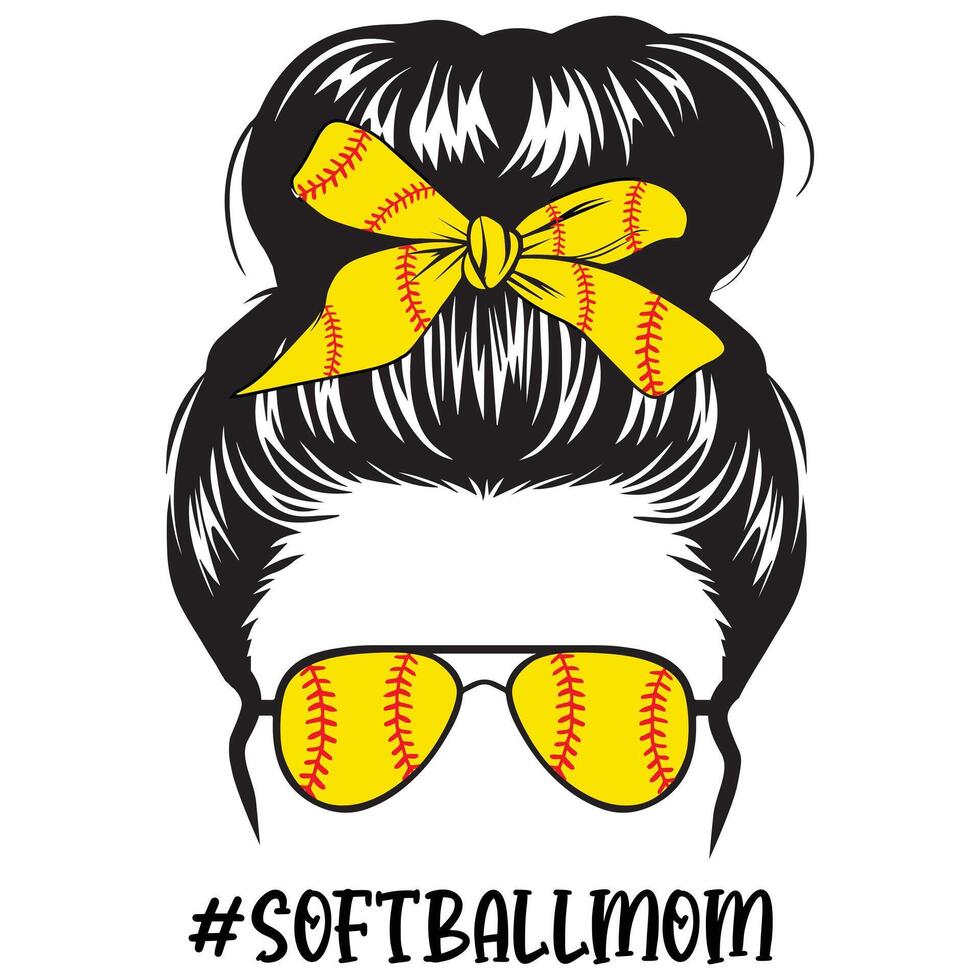best Softball Mom Messy Bun Illustration Clipart Design vector