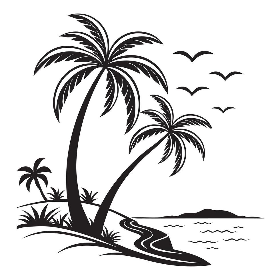 Summer Beach Clipart with Ocean and Palms vector