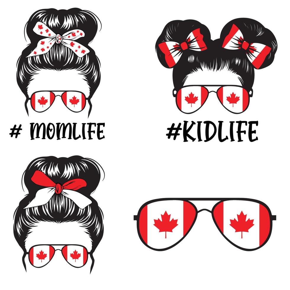 Proud Canada Mom Life Illustration With Messy Bun And Maple Leaf Hairband Bundle vector
