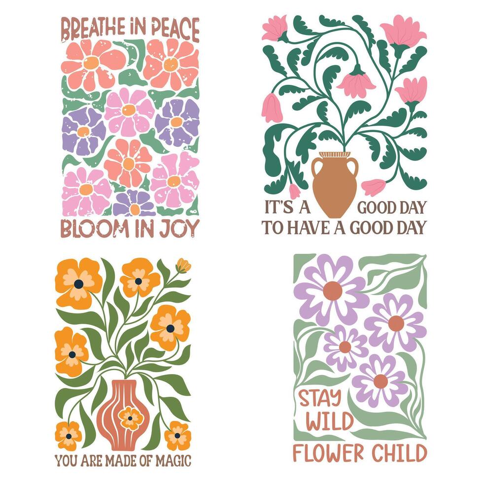 collection of Abstract boho flower tee shirt design, retro Boho Abstract vintage Positive Quotes shirt vector