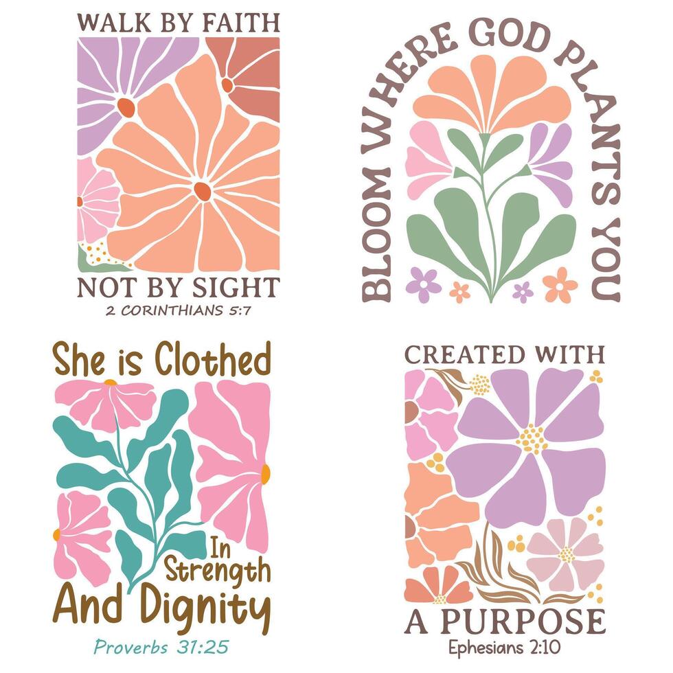 collection of Christian Boho Flowers, Christian Boho Inspirational Quotes T-shirt, Abstract Boho Retro Flower Sublimation Design vector