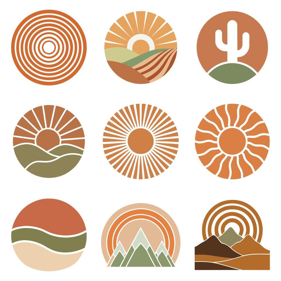 pack of Abstract Boho Sun Design in a Retro Modern Style for Sublimation Art vector