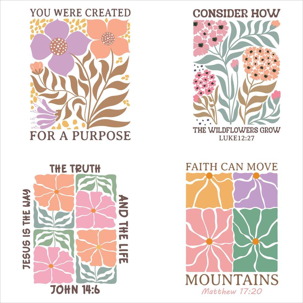 Bundle of - Christian Boho Flowers, Christian Boho Inspirational Quotes T-shirt, Abstract Boho Retro Flower Sublimation Design vector