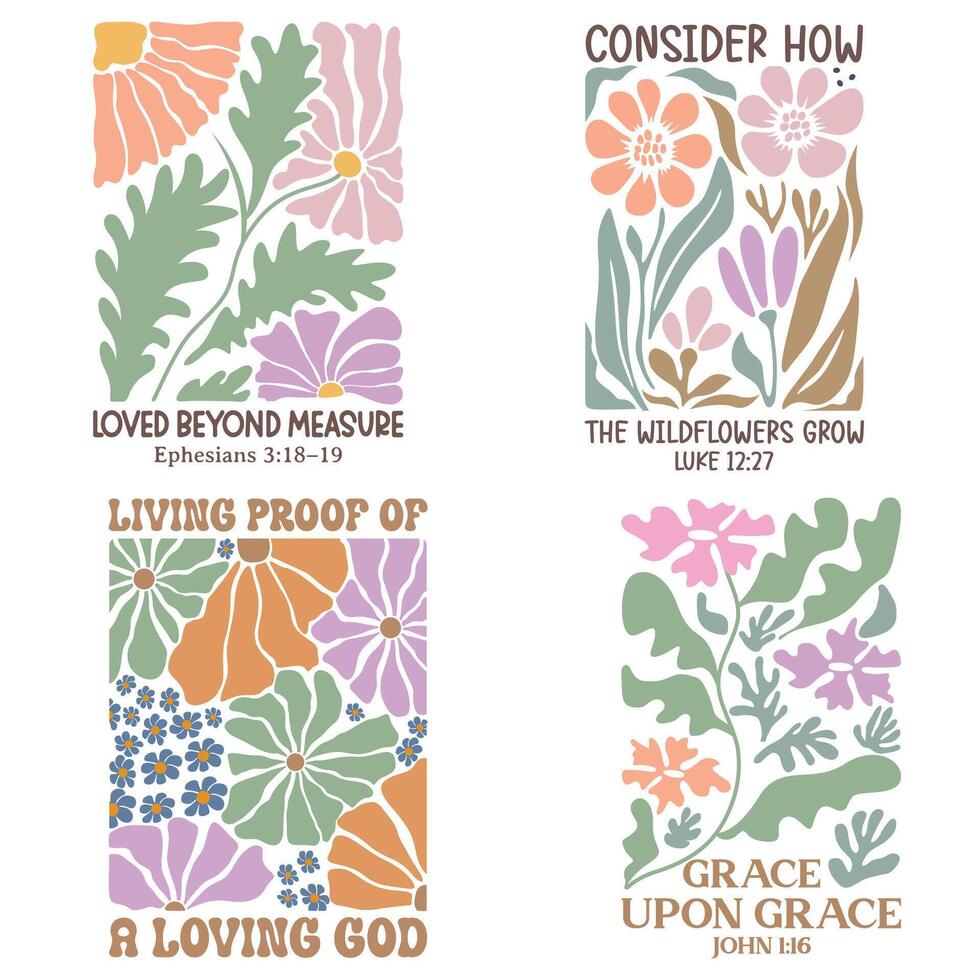 bundle of Christian Boho Flowers, Christian Boho Inspirational Quotes T-shirt, Abstract Boho Retro Flower Sublimation Design vector