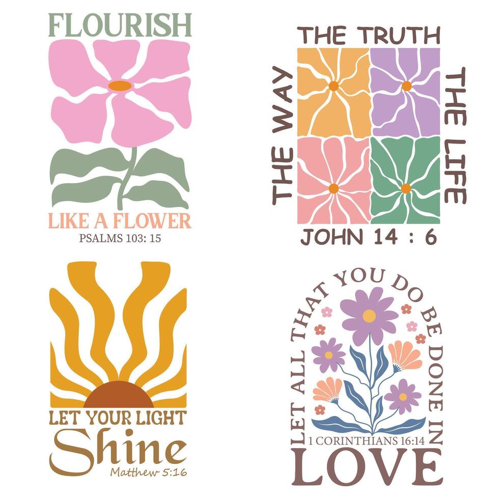 Christian Boho Flowers Quotes Bundle - Christian Boho Flowers, Christian Boho Inspirational Quotes T-shirt, Abstract Boho Retro Flower Sublimation Design vector