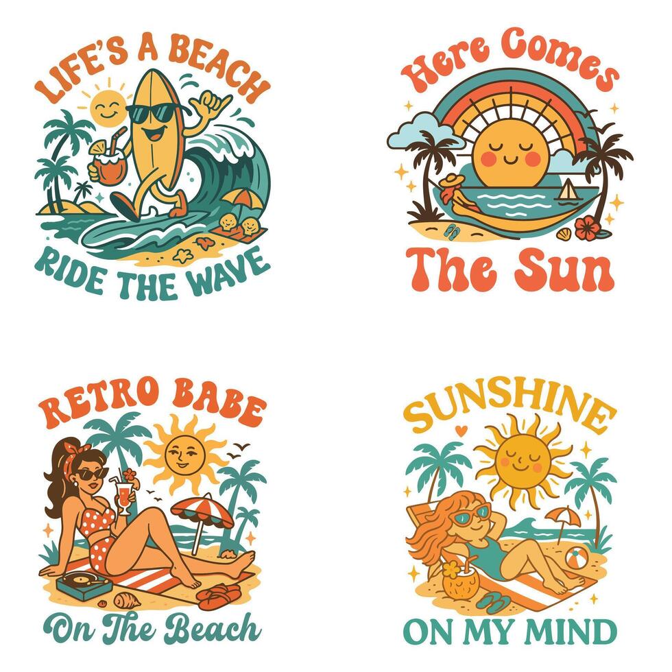 Retro Vintage Summer T-shirt Typography , Summer Summer Vacation Illustration, Summer Beach Vibes Graphics Bundle vector