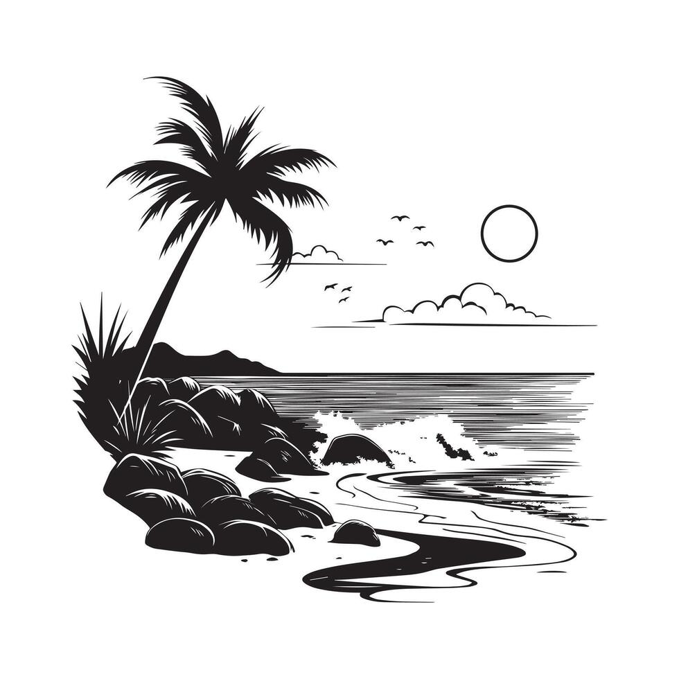 Palm Tree and Sea Beach Scene Graphic vector