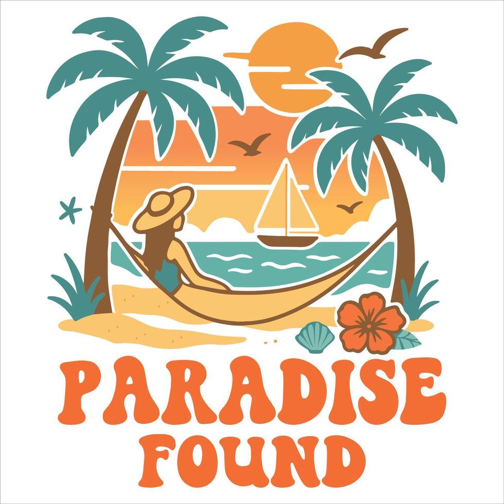 Paradise Found Retro Vintage Summer Tee shirt Typography , Summer Summer Vacation Illustration, Summer Beach Vibes Graphics vector