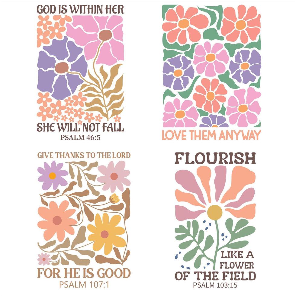 set of - Christian Boho Flowers, Christian Boho Inspirational Quotes T-shirt, Abstract Boho Retro Flower Sublimation Design vector
