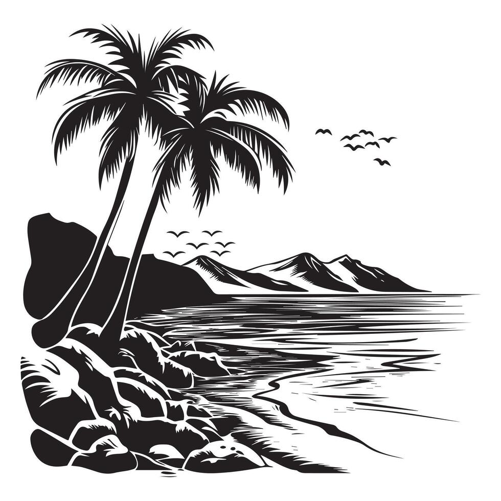 Nature Sea View with Palm Tree Art vector
