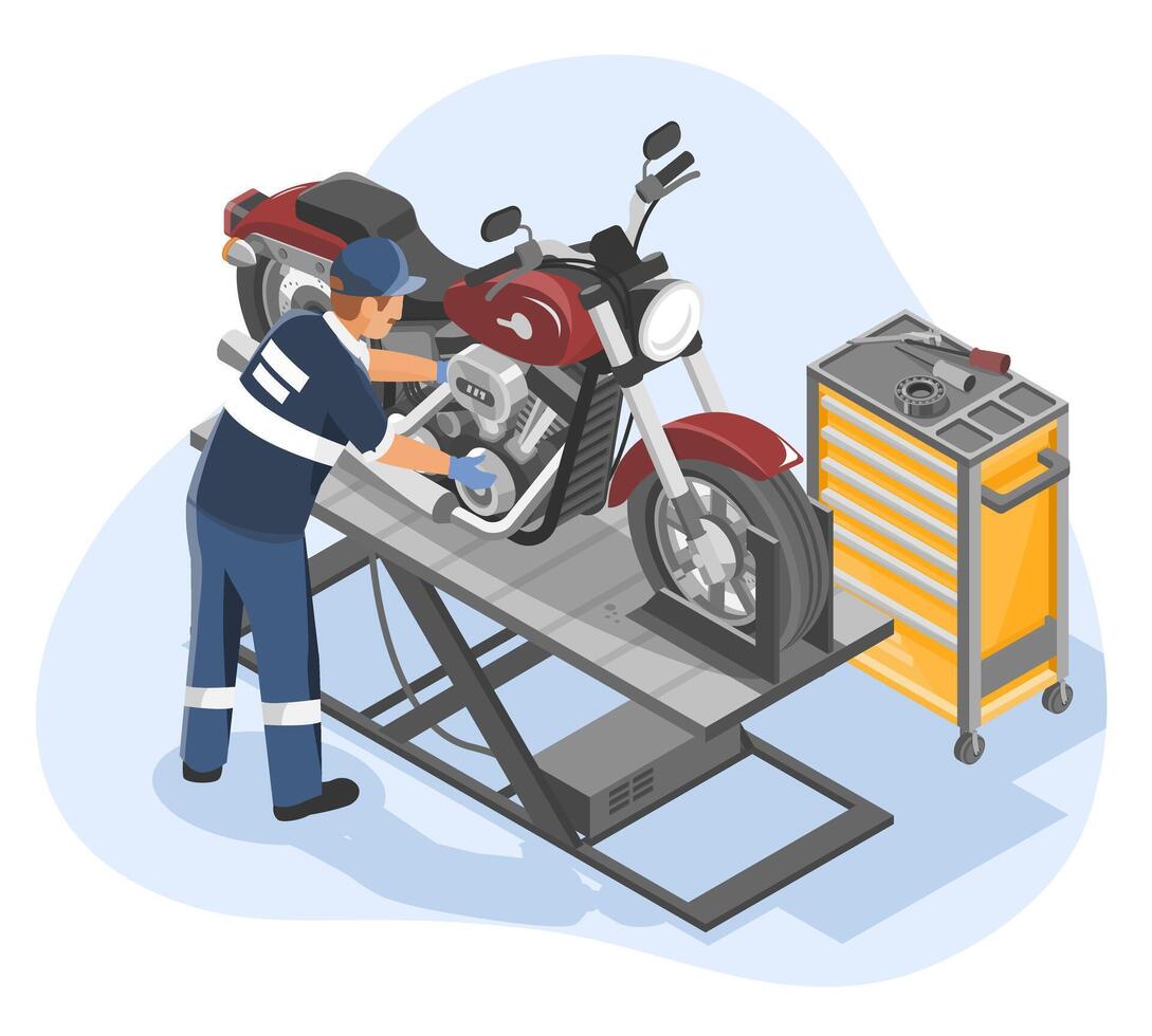 Motorcycle service technician performing maintenance on a red cruiser bike in a professional service center with modern tools and equipment isometric isolated vector