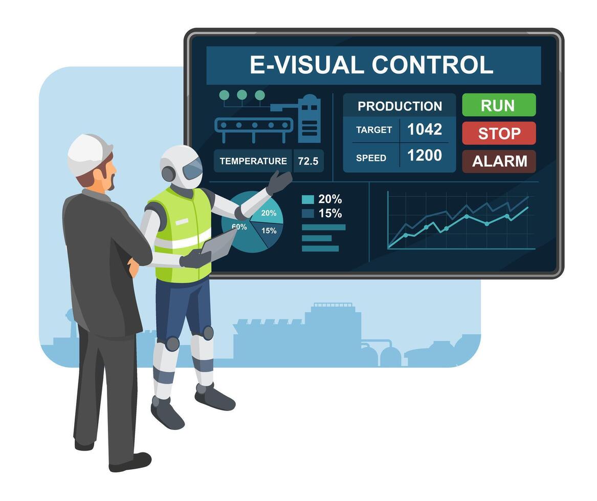 Robot assistant and engineer analyzing real-time production data on a digital dashboard to enhance manufacturing efficiency through smart technology cartoon vector
