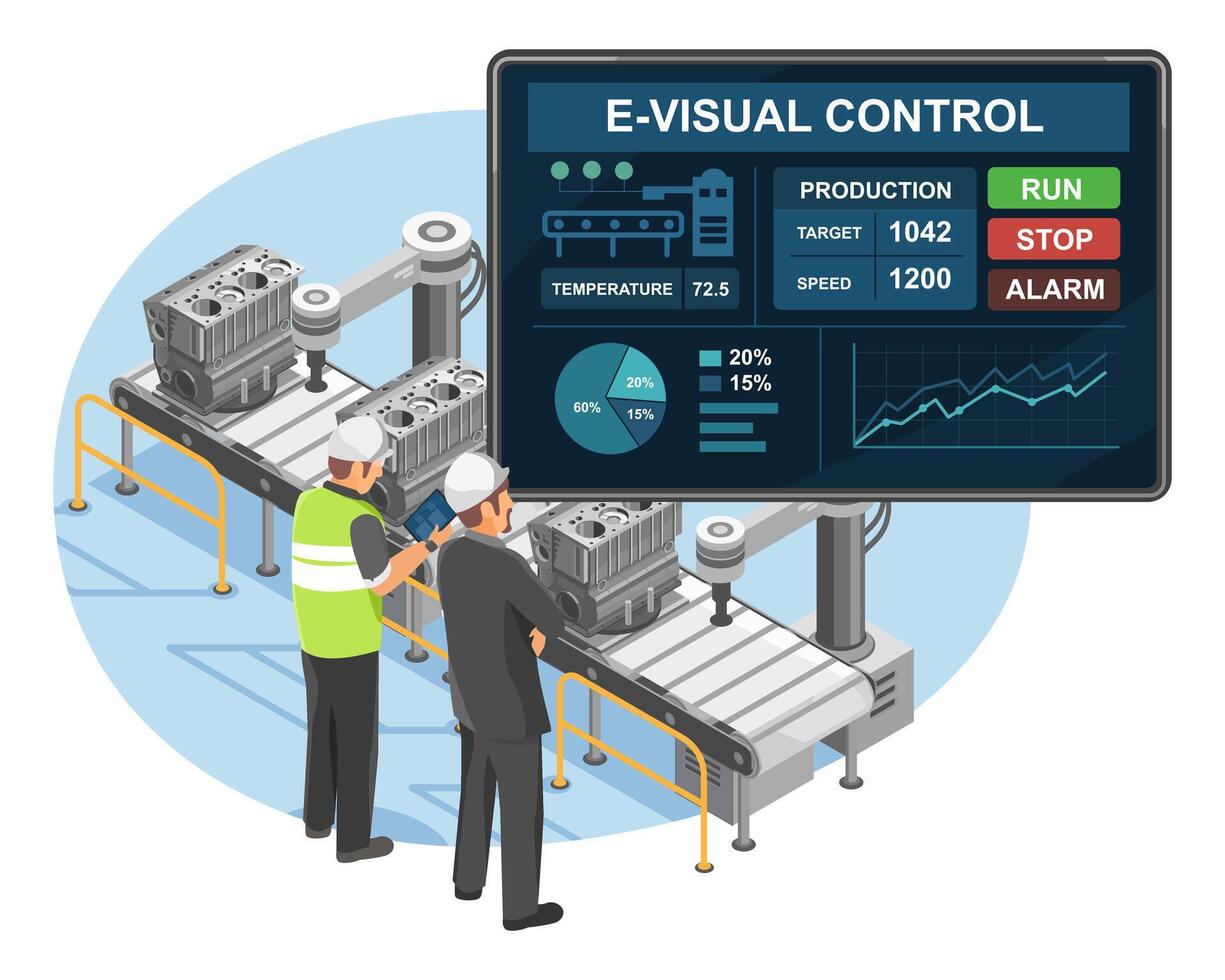 Engineers monitoring automated assembly line using a digital Manufacturing Execution System MES dashboard for real-time production control and performance analysis isometric cartoon vector