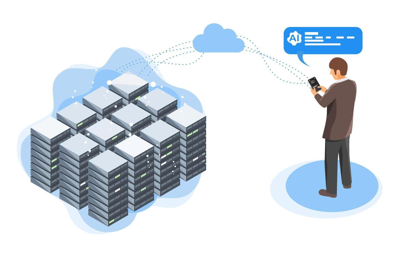 Isometric illustration showing the backend infrastructure of AI, with massive data servers processing information and transmitting intelligent responses vector
