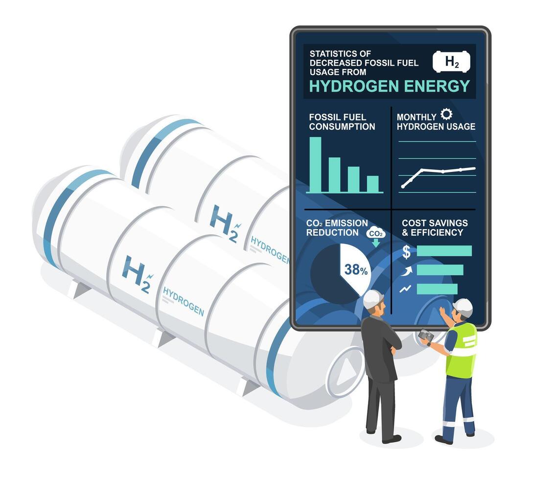 engineers analyzing infographic on hydrogen energy efficiency and fossil fuel reduction near hydrogen storage tanks vector