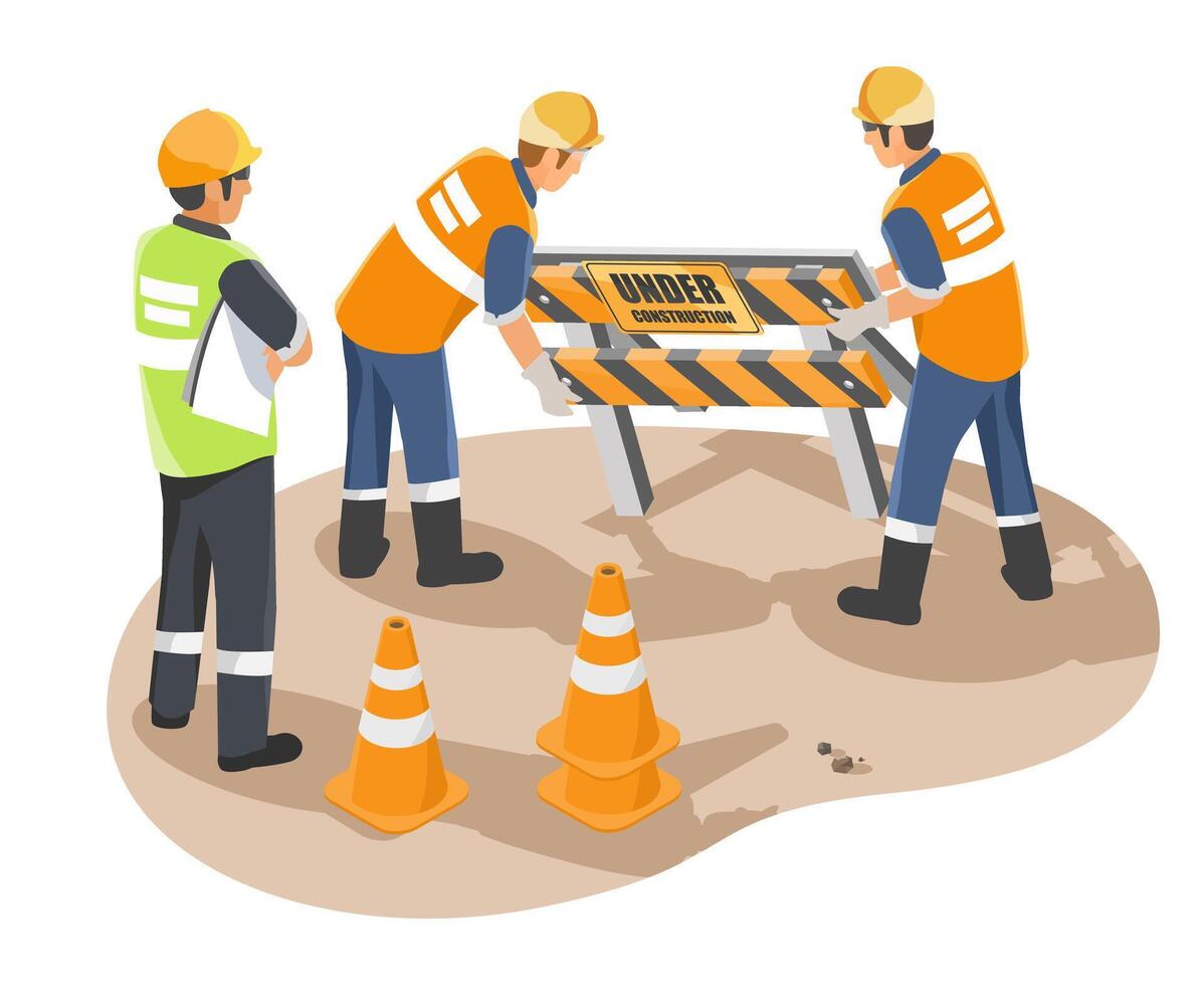 Team of construction workers setting up a caution barrier on a road to warn pedestrians of an active construction zone isometric isolated vector