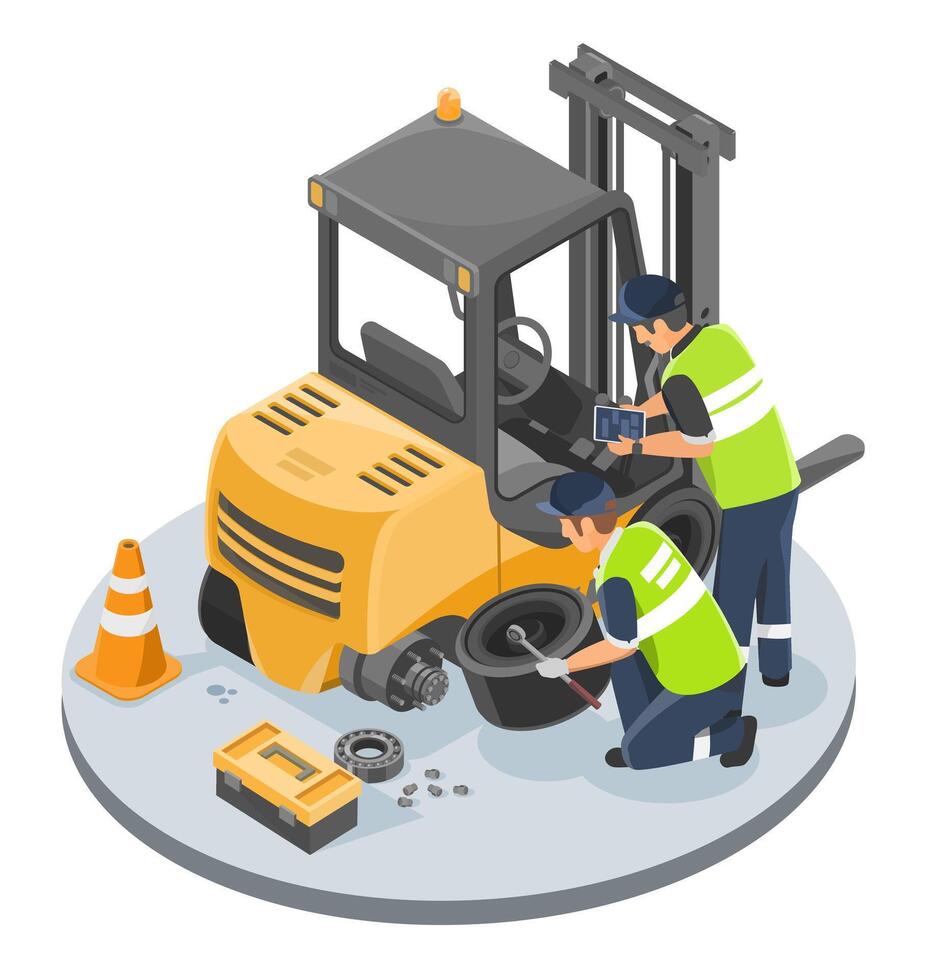 Two industrial technicians repairing a forklift wheel with safety equipment and tools on isolated platform during routine warehouse maintenance vector
