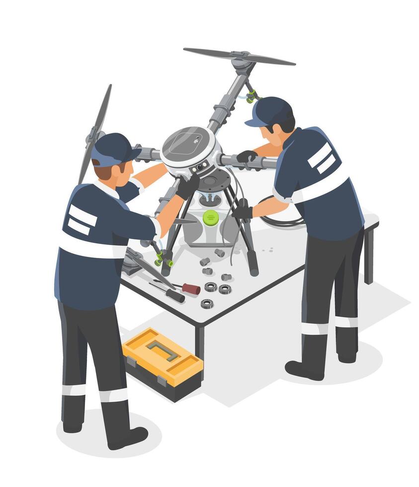 Drone technicians assembling and maintaining industrial UAVs, representing emerging careers in advanced aerial technology and unmanned systems operations isometric vector