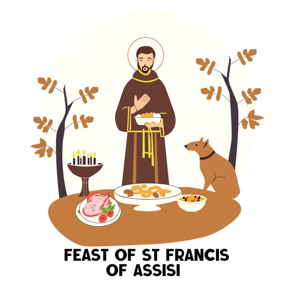St. Francis of Assisi feast day with saint figure, food table, and autumn setting vector