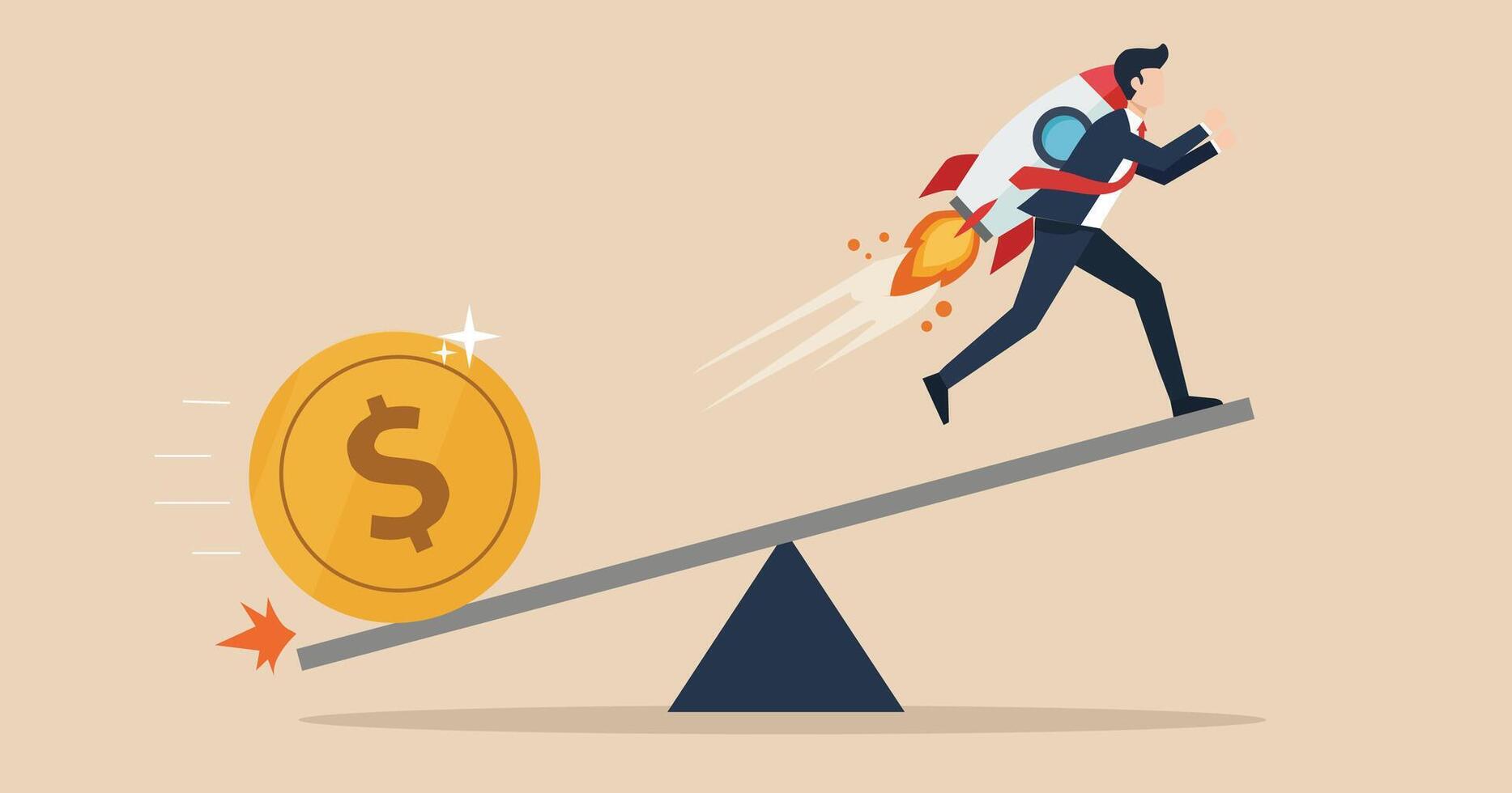Business Rocket Launch Concept with Dollar Coin and Seesaw Balance Illustration vector