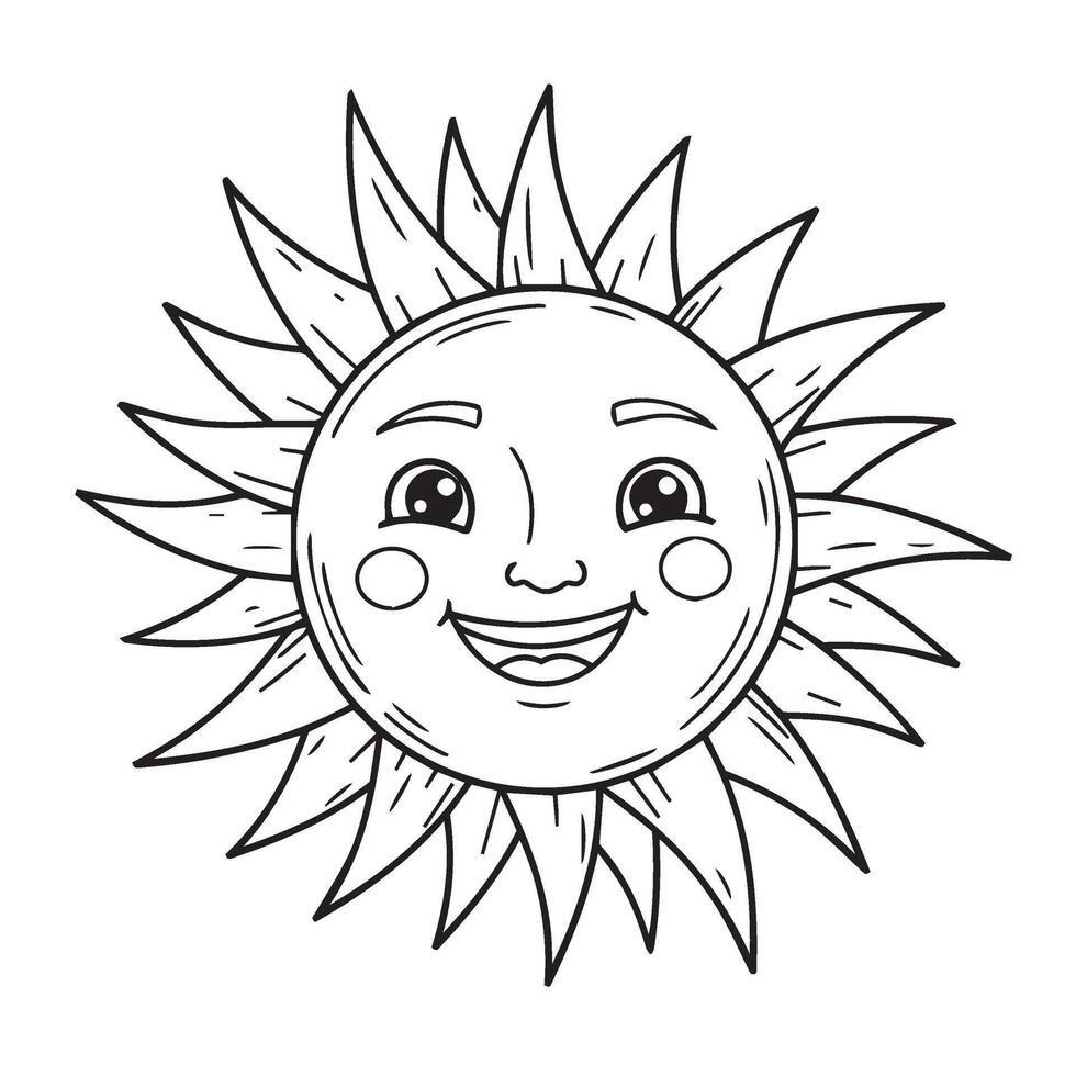 Radiant Sun Drawing Featuring Smiling Sun Face Art in Cartoon Sun Outline Style vector