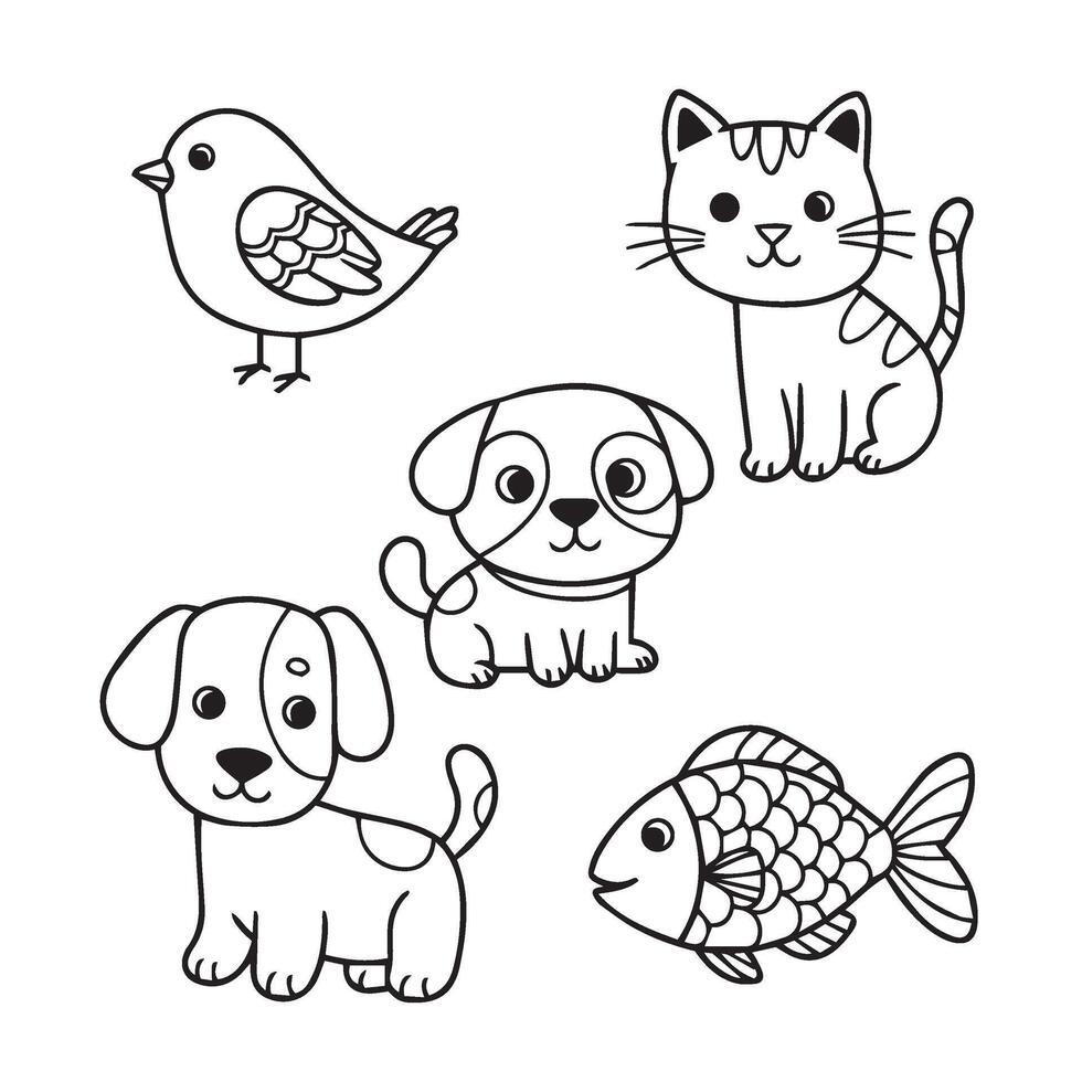 Creative Happy Travel Vehicles Sketch Set and Cute Animal Faces Coloring Pages vector