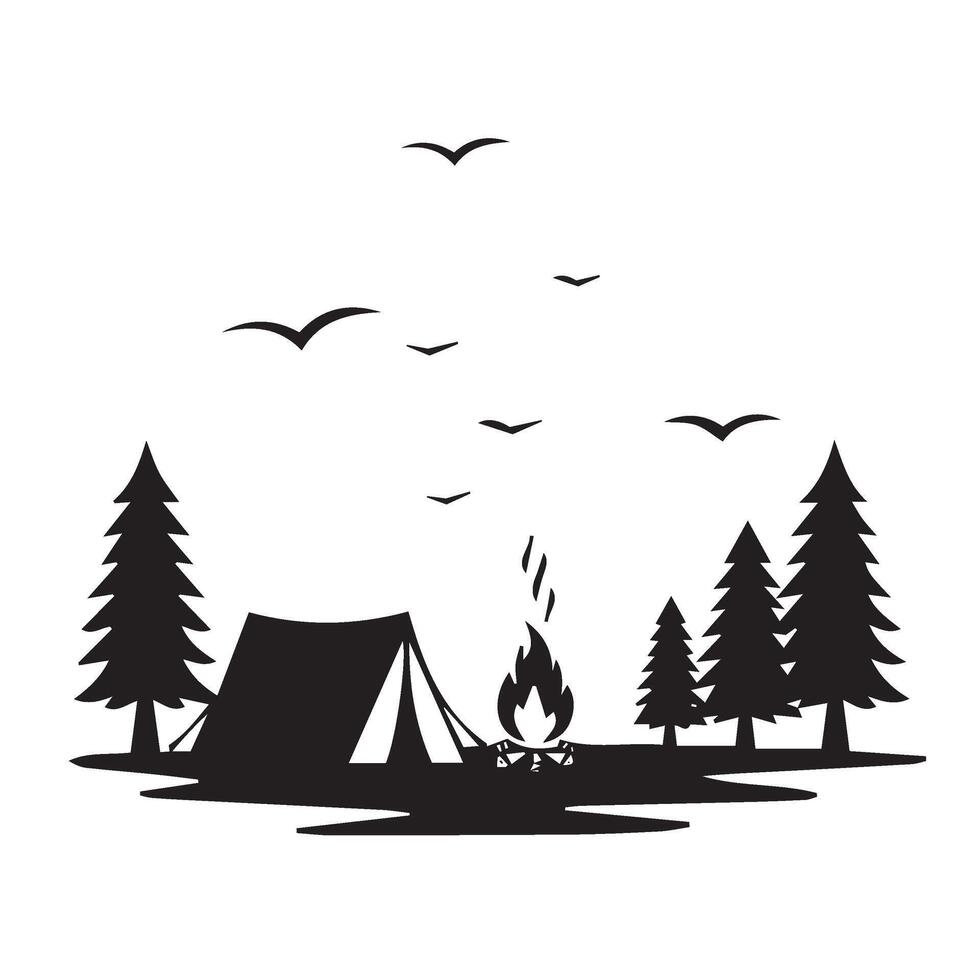 Camping Adventure Tent Illustration Featuring Campfire and Tall Pine Tree Landscape vector