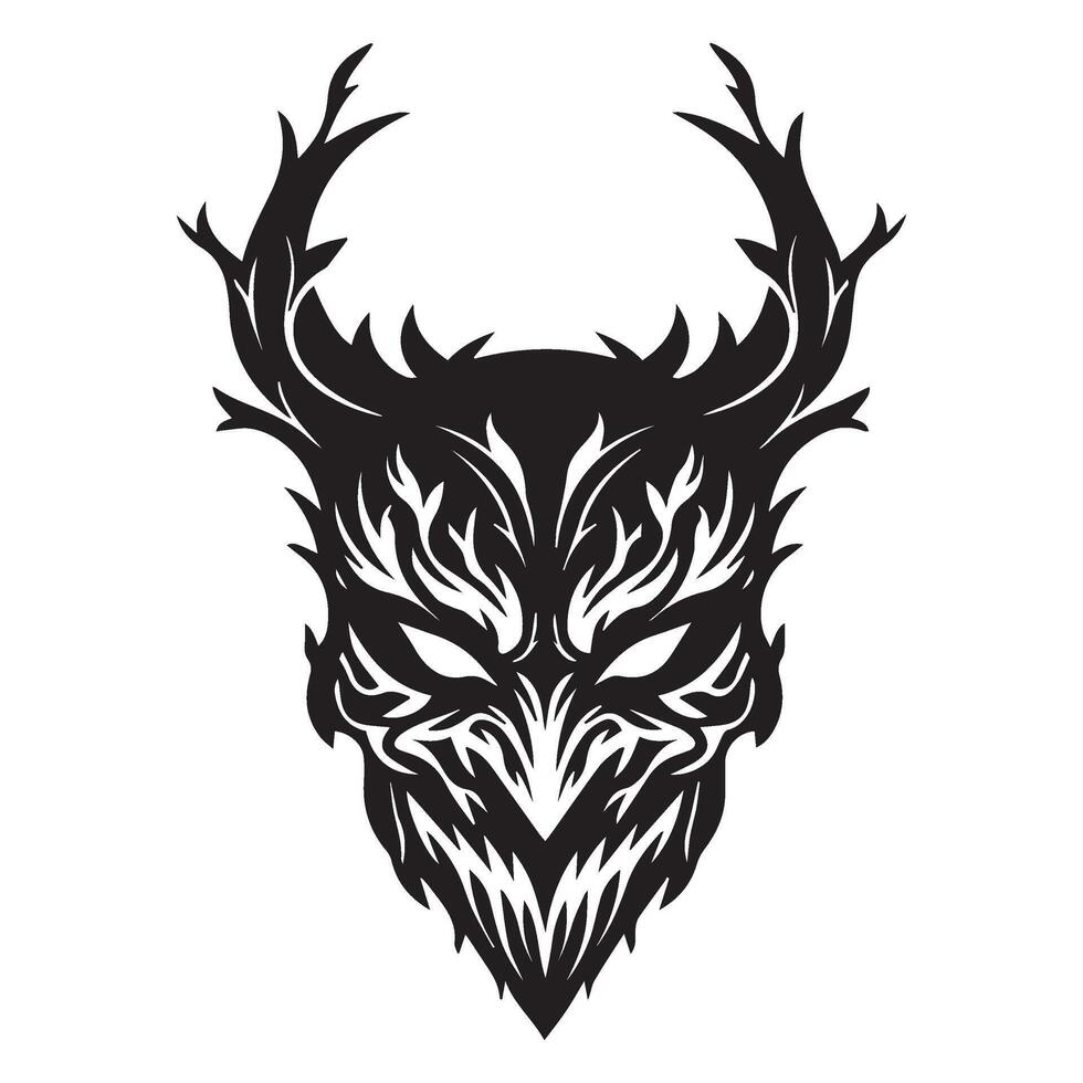 Monstrous face art with curled horns and menacing teeth in dark silhouette vector