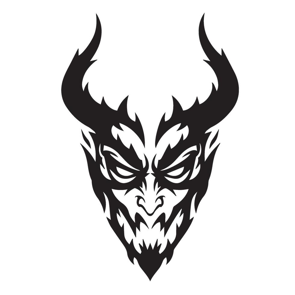 Dark mythological creature face with twisted horns and intense evil glare vector