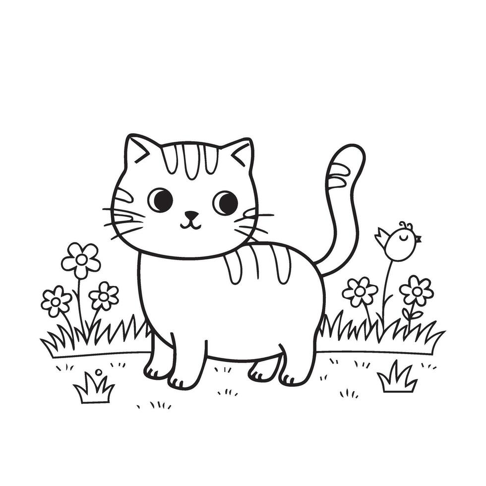 Cute Cat Line Drawing for Kids Activity Sheets with Fun Garden Elements vector