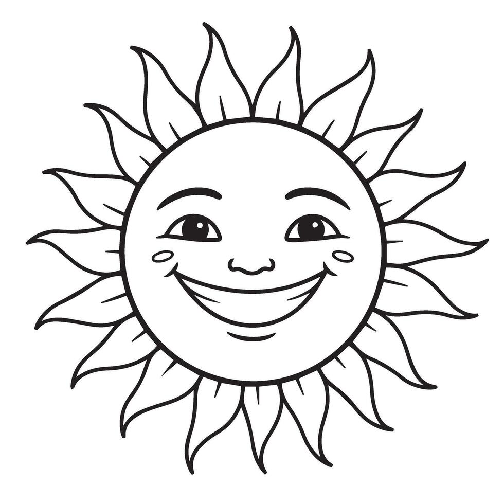 Simple Radiant Sun Drawing and Cartoon Sun Outline with Smiling Sun Face Design vector