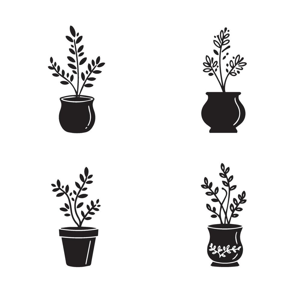 Artistic Potted Plants Creative Design Set Highlighting Beautiful Leafy Arrangements vector