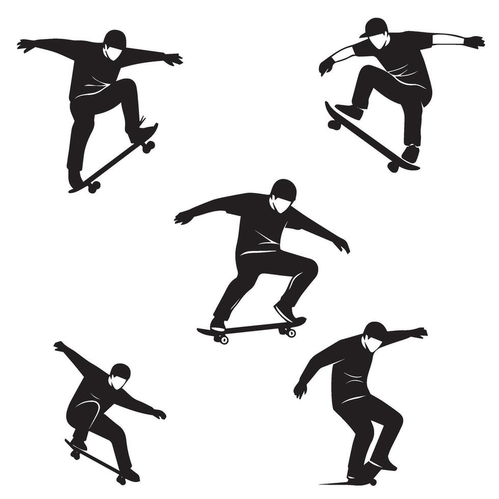 Skateboarder Action Poses Set Capturing Fast-Paced Motion and Stunt Moves vector