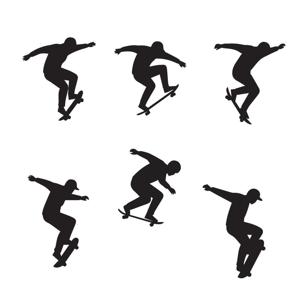 Skateboarder Action Poses Set Featuring Skilled Maneuvers and Freestyle Tricks vector