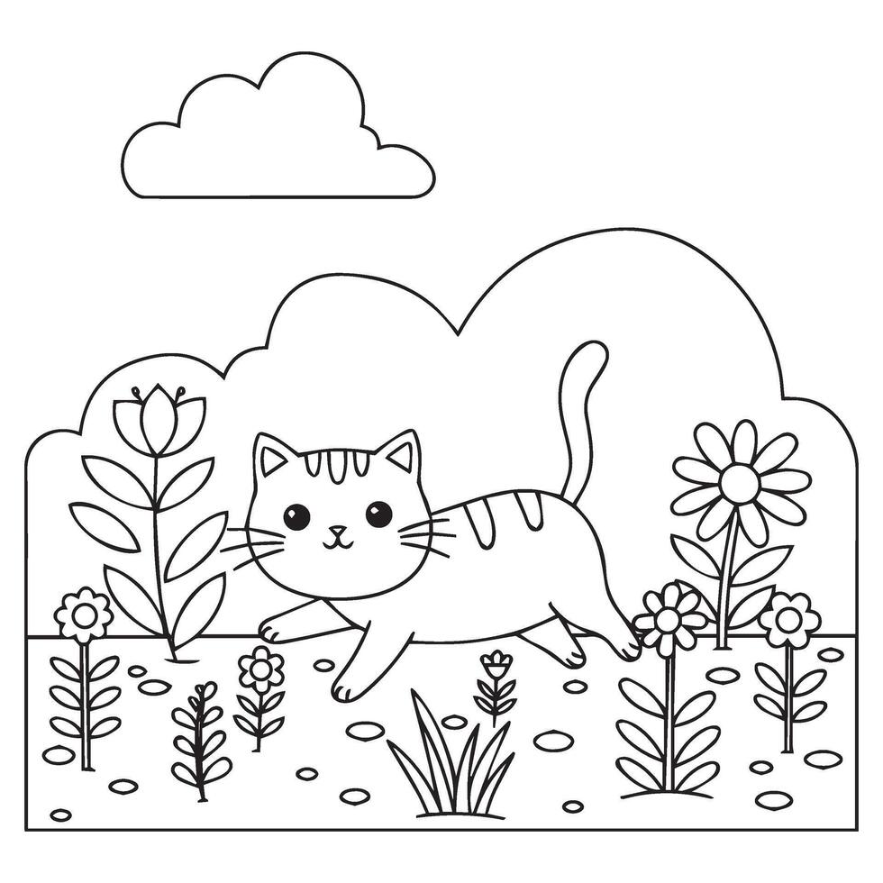 Smiling Cat Outline Art Surrounded by Nature and Butterflies for Children vector