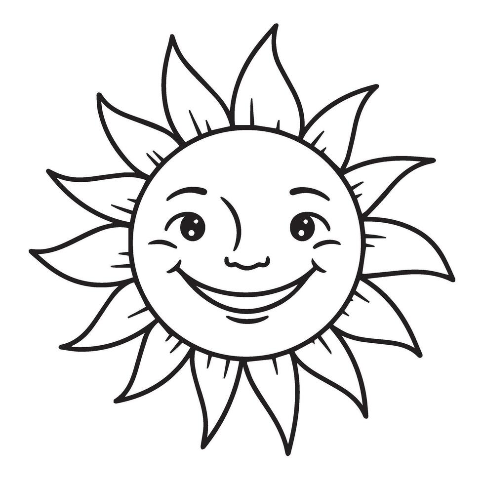 Happy Smiling Sun Face Art in Cartoon Sun Outline with Radiant Sun Drawing Style vector