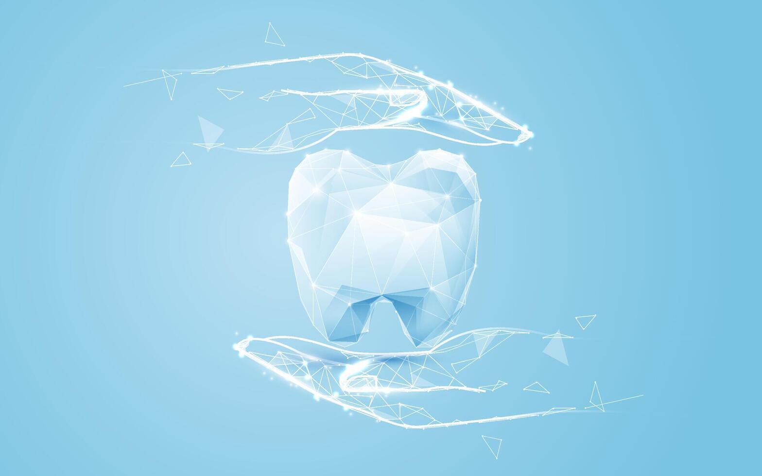 Digital Hands Protecting a Polygonal Tooth on Blue Background vector