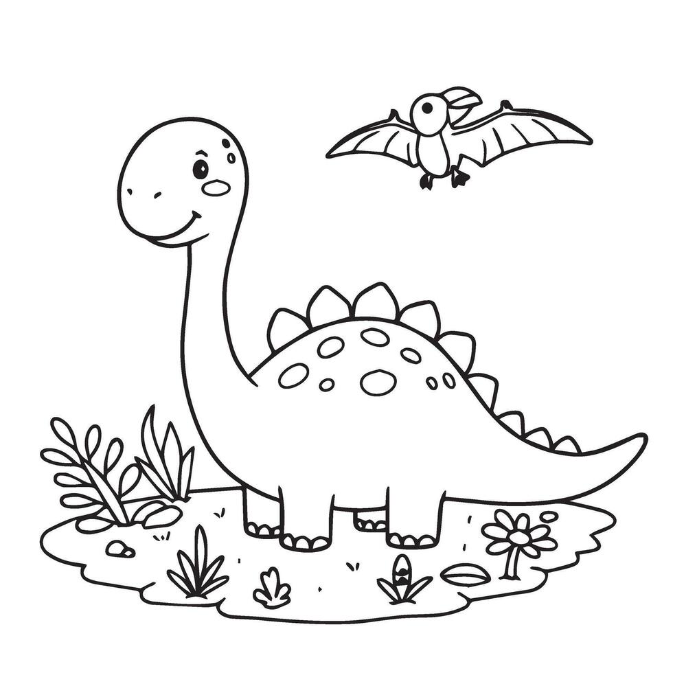 Jungle Background with Cute Cartoon Dinosaur and Happy Dino Coloring Art Style vector