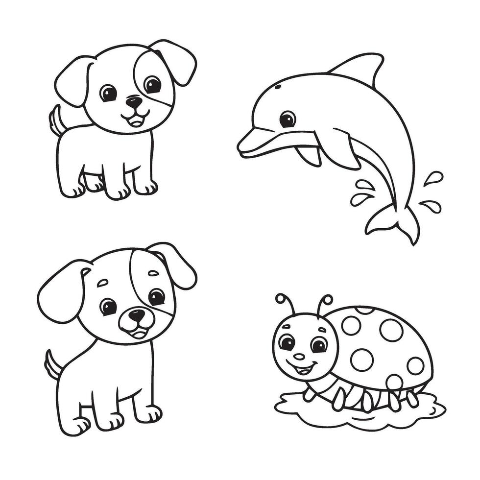 Cute Animal Faces Coloring Pages with Happy Travel Vehicles Sketch Set for Kids vector