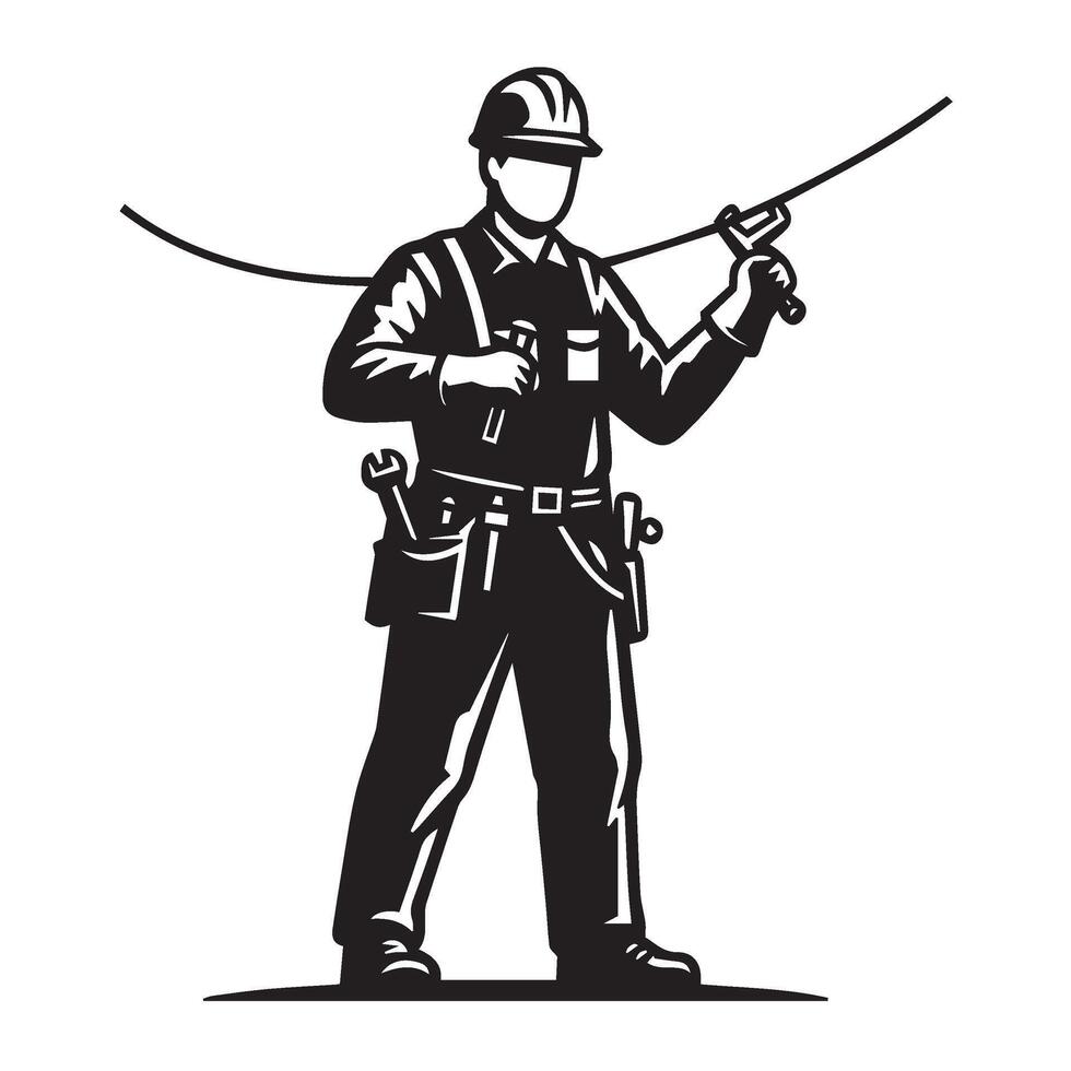 Hardworking electric utility pole technician art using climbing belt vector